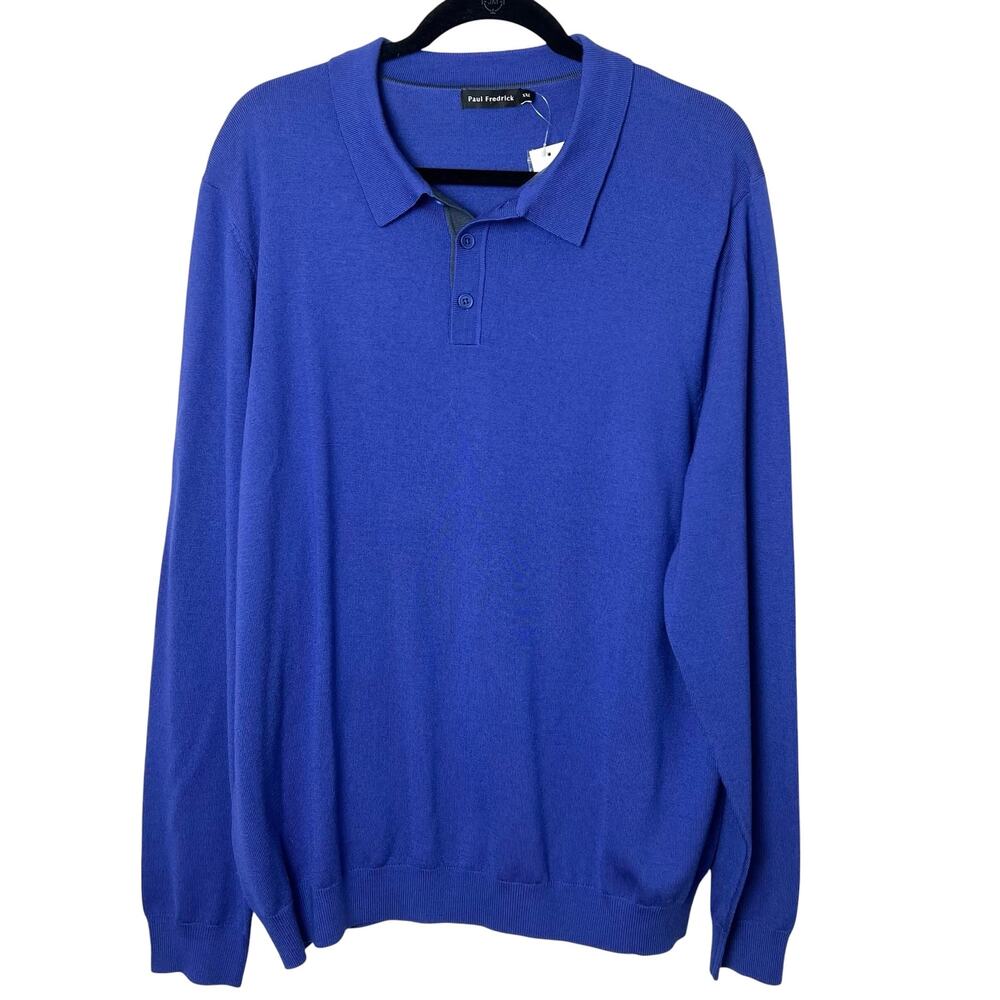 NWT Paul Fredrick Blue Merino Wool Long-Sleeve Polo Sweater Size XXL